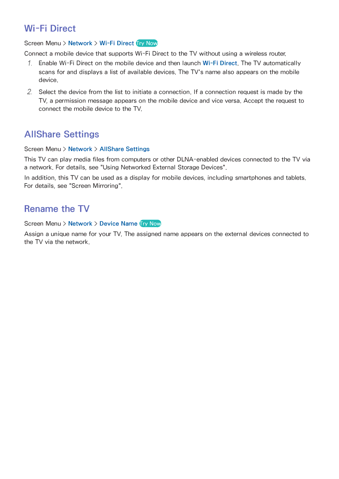 Samsung PN64F8500, UN60F7500AFXZA, PN51F8500, PN60F8500 manual Wi-Fi Direct, AllShare Settings, Rename the TV 