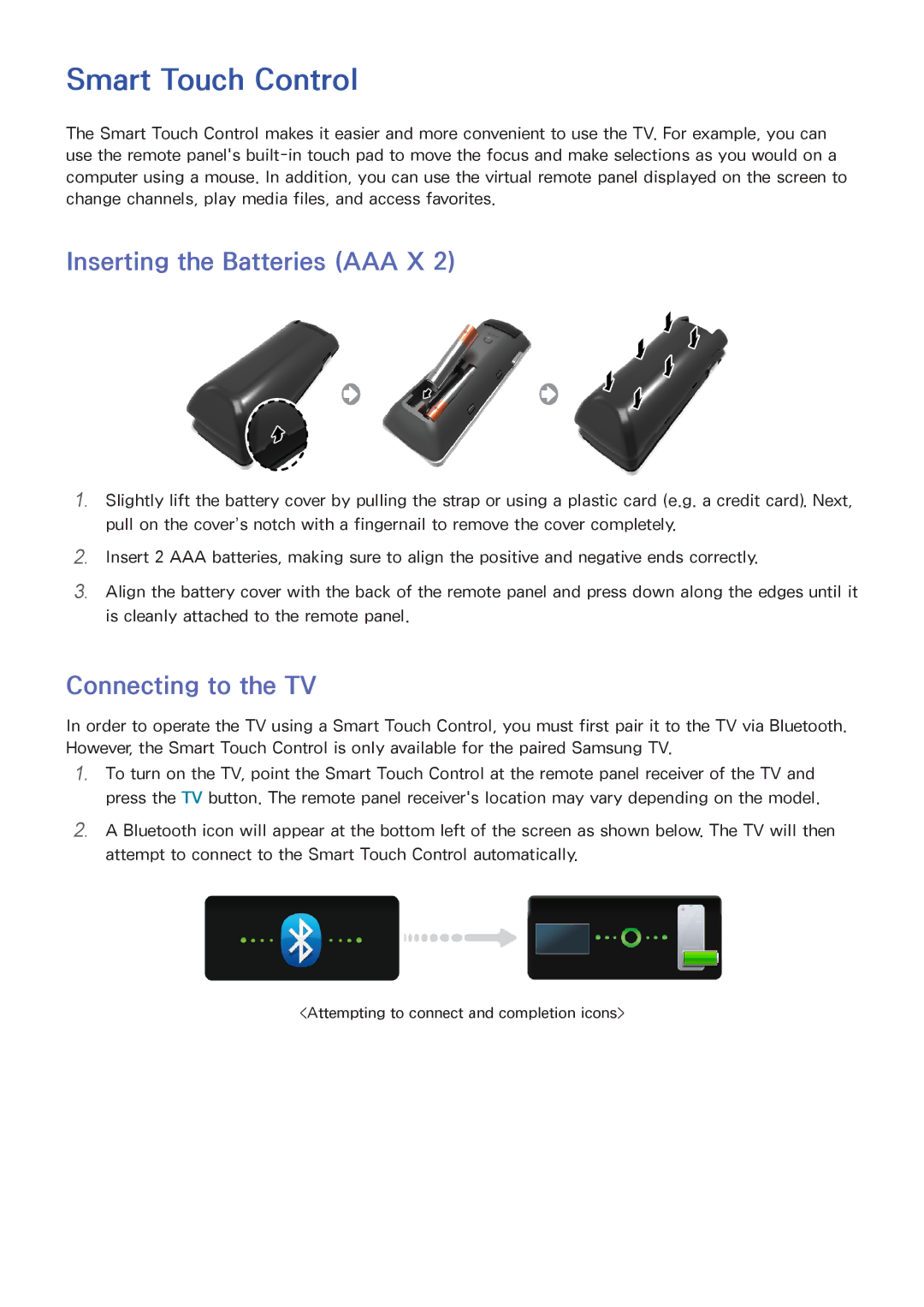 Samsung PN51F8500, UN60F7500AFXZA, PN64F8500 Smart Touch Control, Inserting the Batteries AAA X, Connecting to the TV 