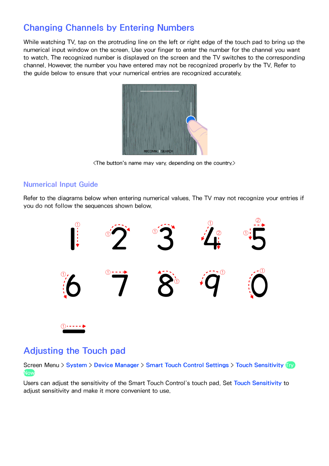 Samsung UN60F7500AFXZA, PN64F8500 Changing Channels by Entering Numbers, Adjusting the Touch pad, Numerical Input Guide 