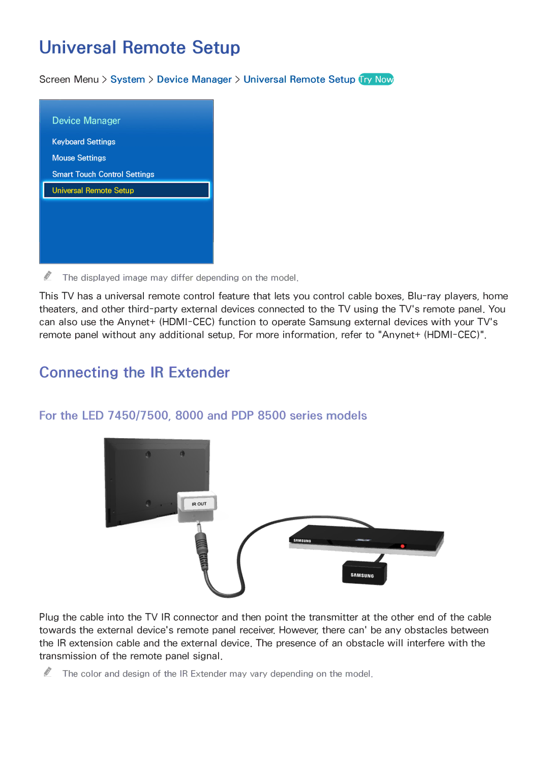 Samsung PN64F8500, UN60F7500AFXZA, PN51F8500 manual Universal Remote Setup, Connecting the IR Extender, Device Manager 