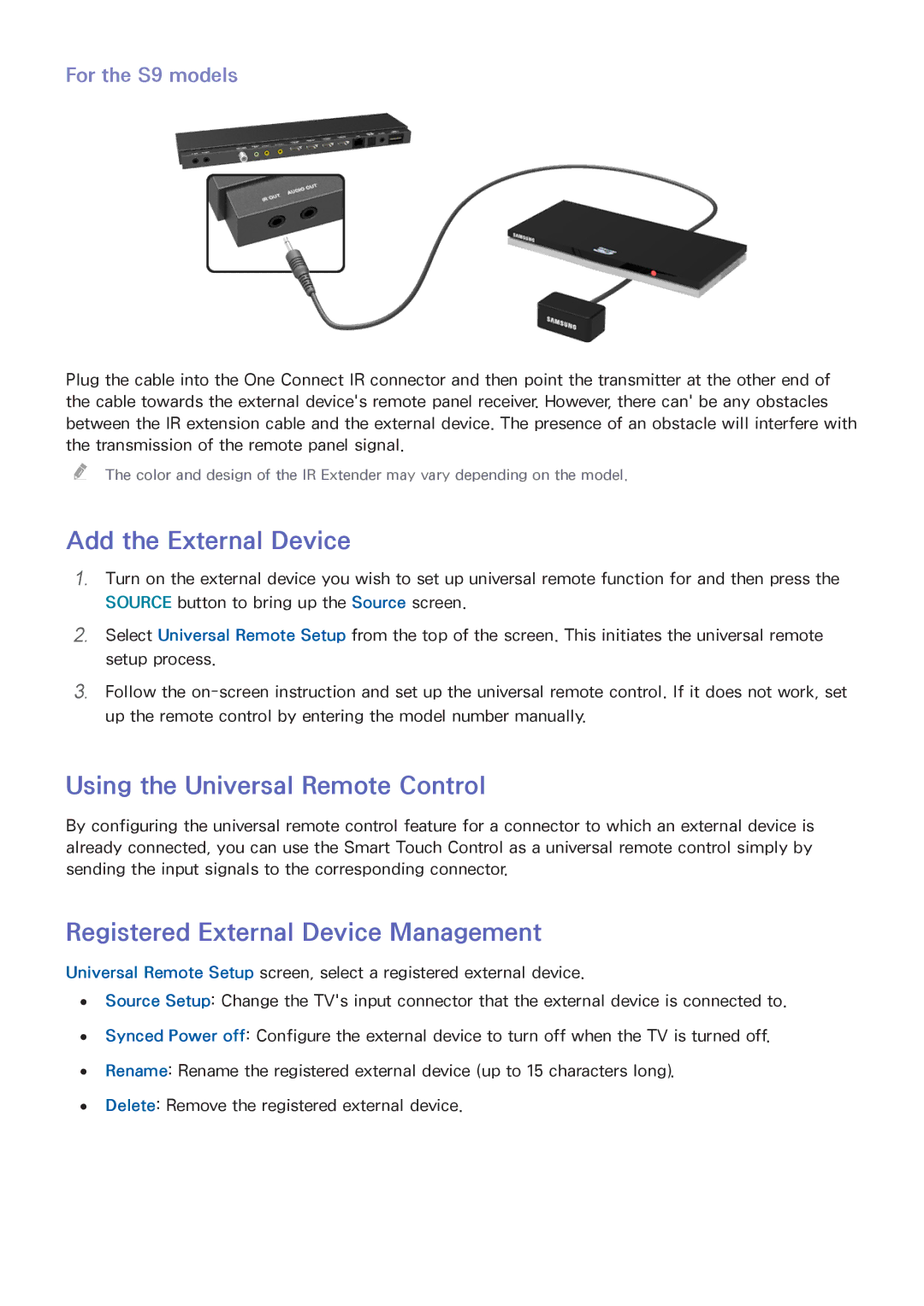 Samsung PN51F8500 manual Add the External Device, Using the Universal Remote Control, Registered External Device Management 