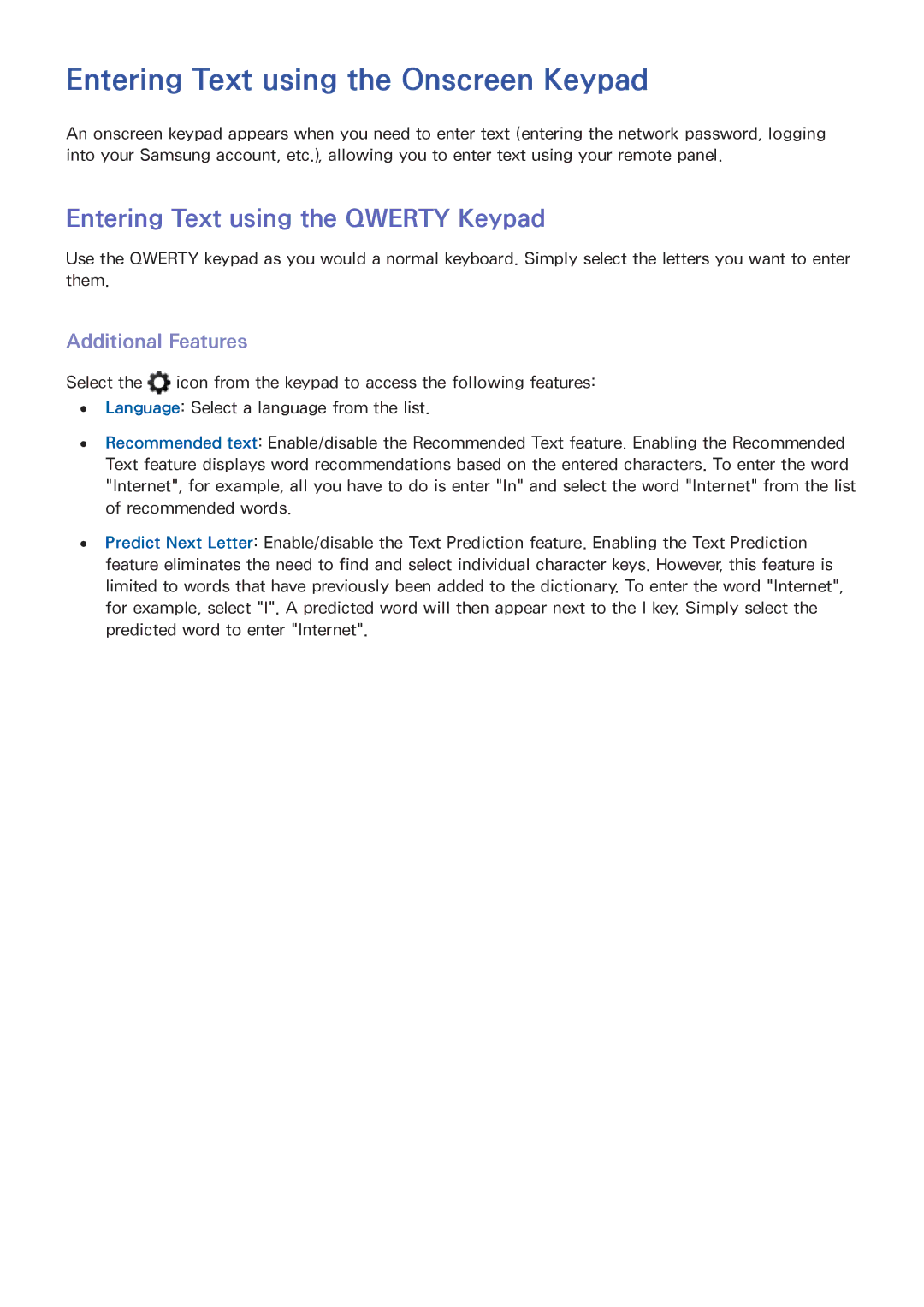 Samsung PN60F8500 Entering Text using the Onscreen Keypad, Entering Text using the Qwerty Keypad, Additional Features 