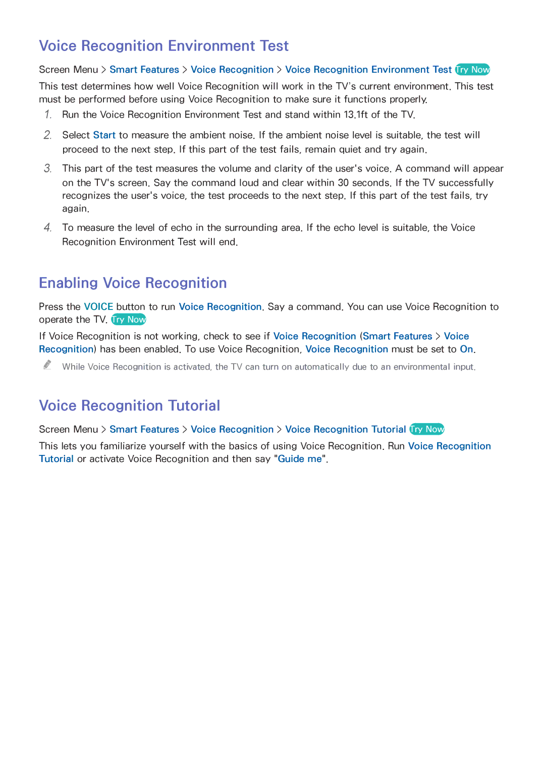 Samsung PN64F8500, F7500 manual Voice Recognition Environment Test, Enabling Voice Recognition, Voice Recognition Tutorial 