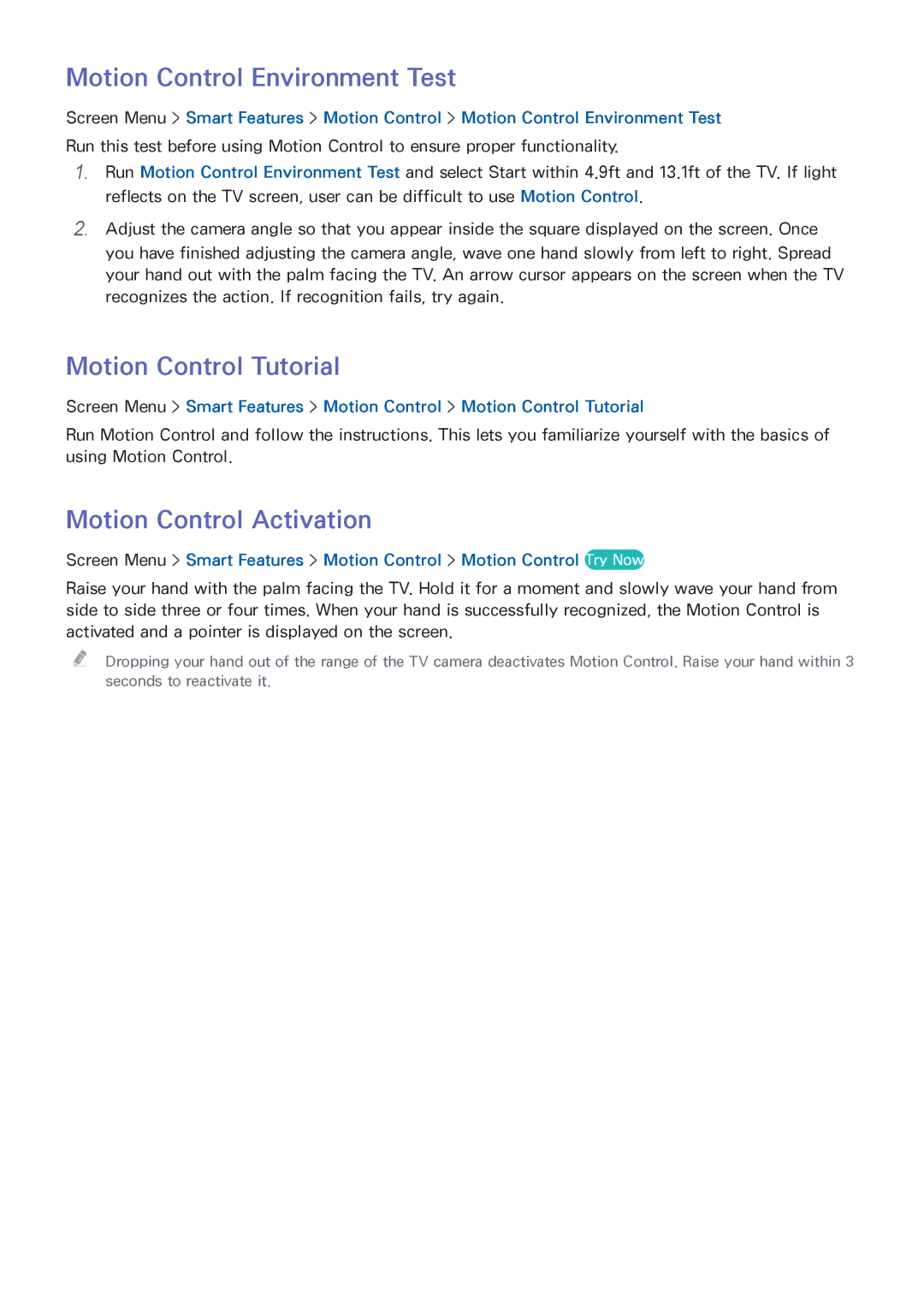 Samsung UN60F7500AFXZA, PN64F8500 manual Motion Control Environment Test, Motion Control Tutorial, Motion Control Activation 