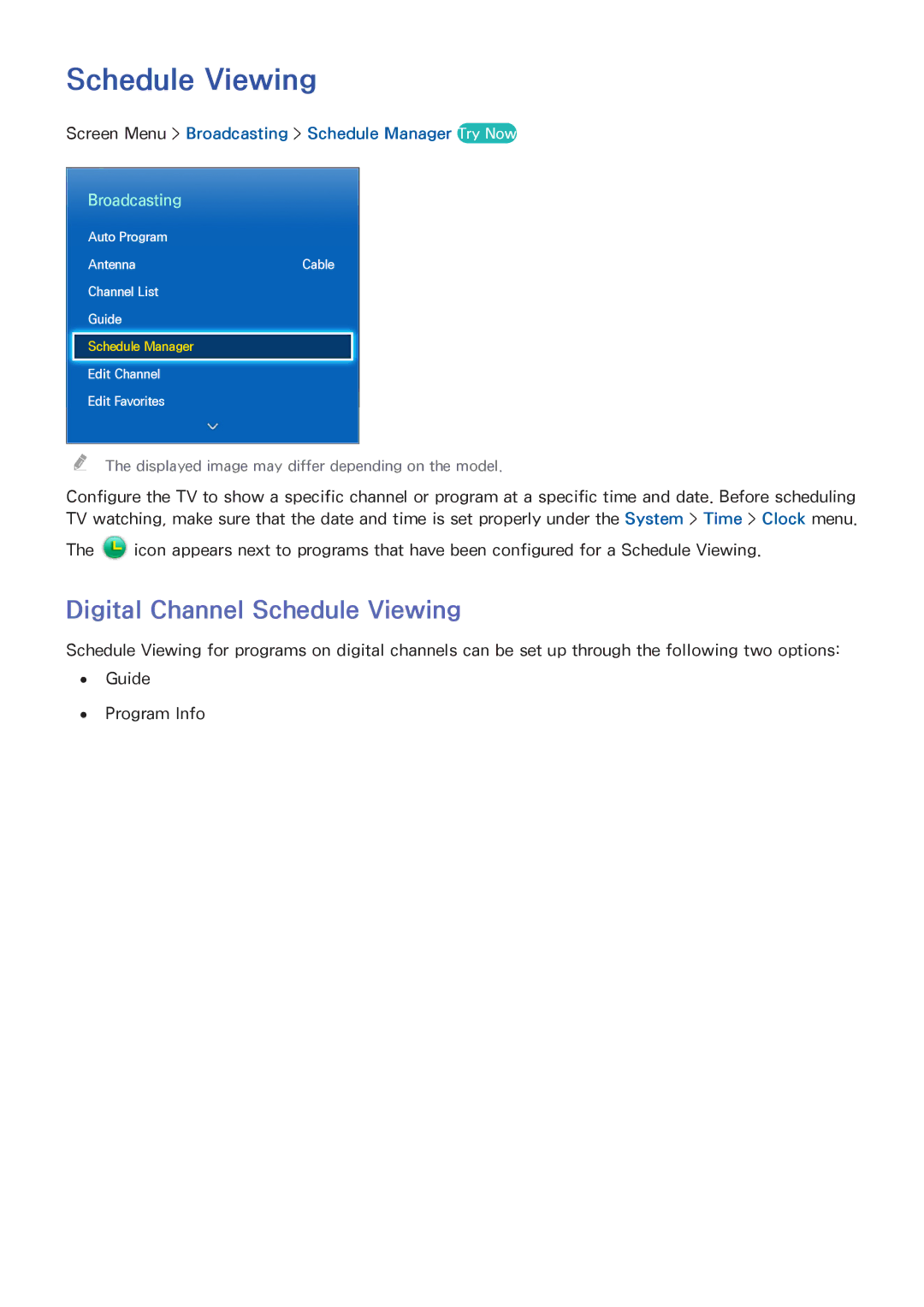 Samsung UN60F7500AF, PN64F8500 Digital Channel Schedule Viewing, Screen Menu Broadcasting Schedule Manager Try Now 