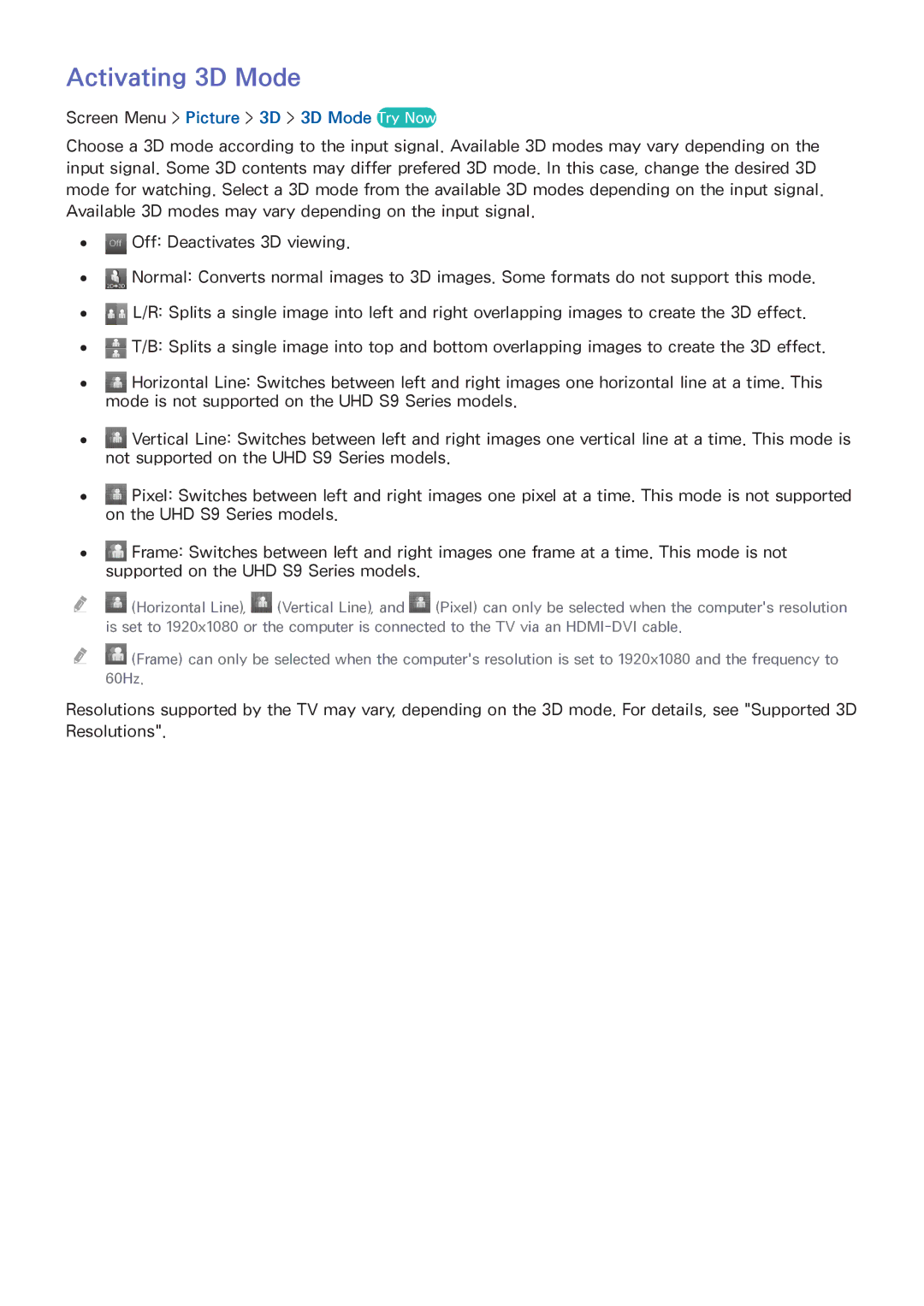 Samsung UN60F7500AFXZA, PN64F8500, PN51F8500, PN60F8500 manual Activating 3D Mode, Screen Menu Picture 3D 3D Mode Try Now 