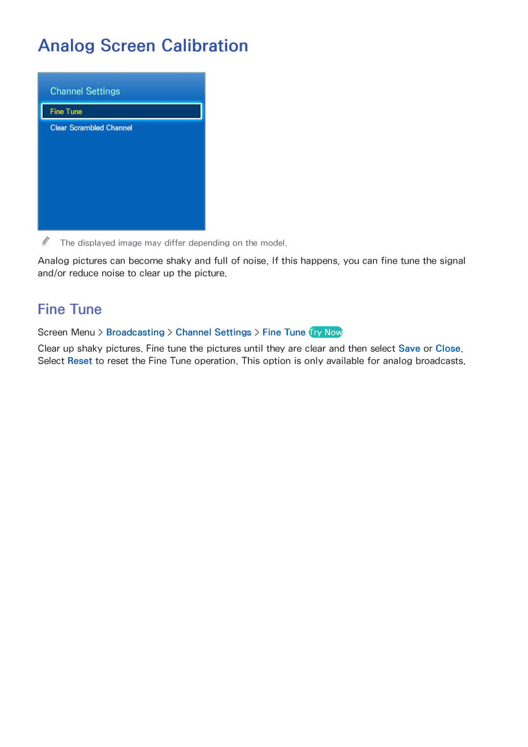 Samsung PN64F8500, UN60F7500AFXZA, PN51F8500, PN60F8500 manual Analog Screen Calibration, Fine Tune, Channel Settings 