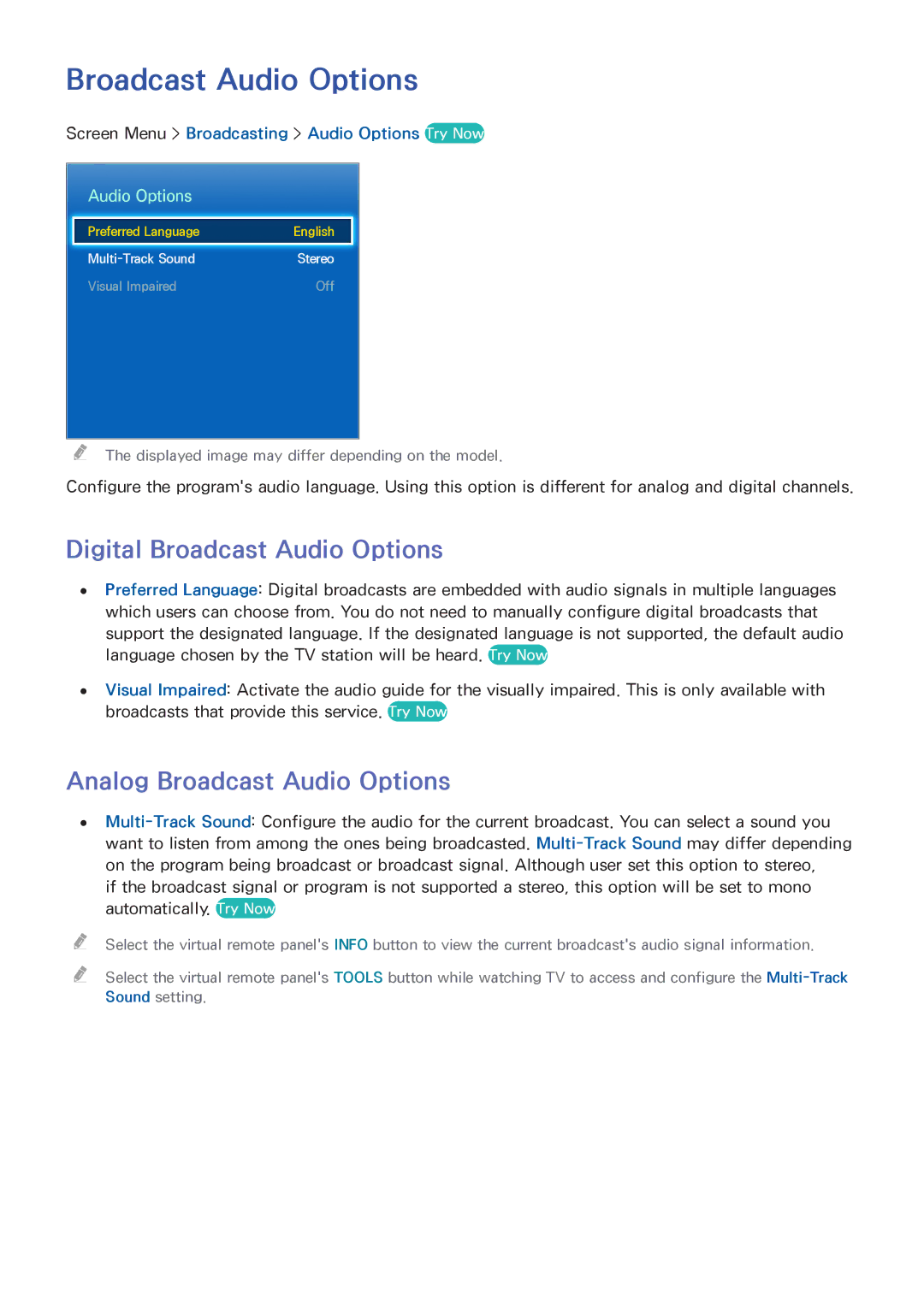 Samsung PN51F8500, UN60F7500AFXZA, PN64F8500 manual Digital Broadcast Audio Options, Analog Broadcast Audio Options 