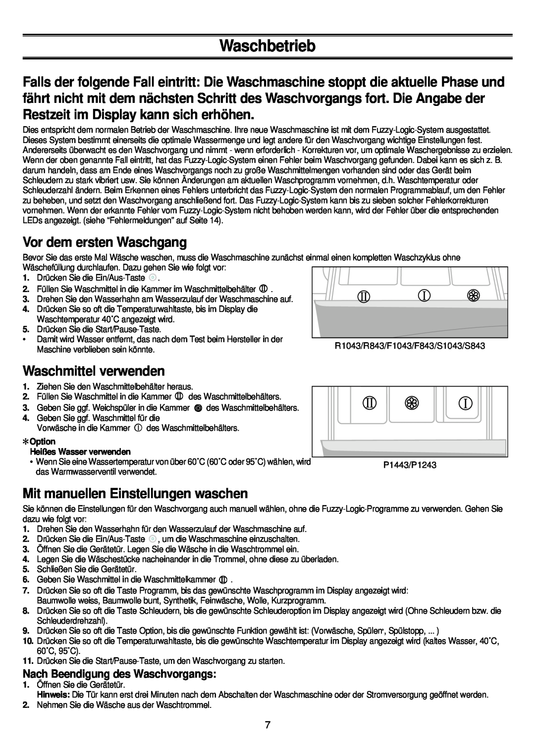 Samsung P1443, F843 Vor dem ersten Waschgang, Waschmittel verwenden, Mit manuellen Einstellungen waschen, Waschbetrieb 