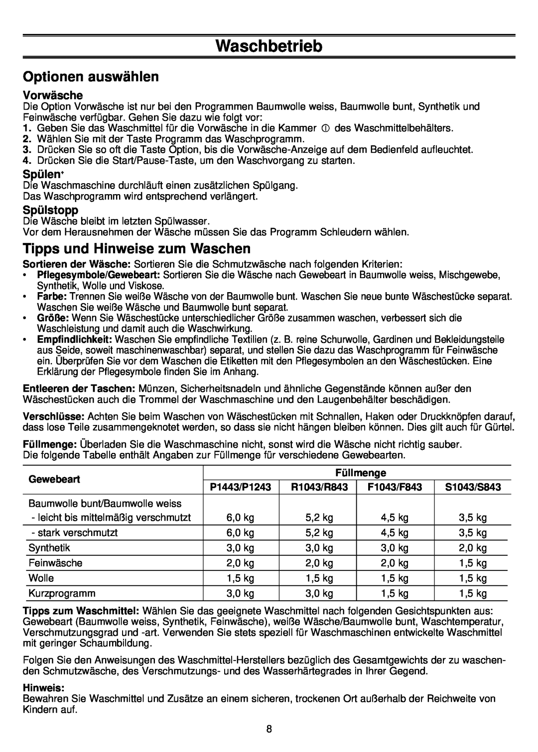 Samsung F843 Optionen auswählen, Tipps und Hinweise zum Waschen, Vorwäsche, Spülen +, Spülstopp, Gewebeart, Füllmenge 