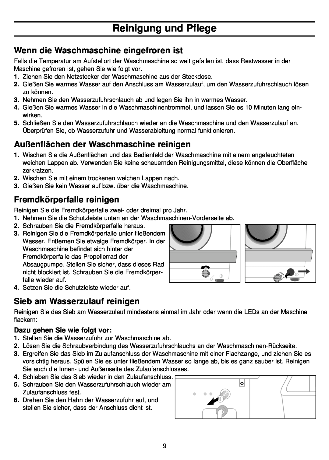 Samsung S1043, F843 Reinigung und Pflege, Wenn die Waschmaschine eingefroren ist, Außenflächen der Waschmaschine reinigen 