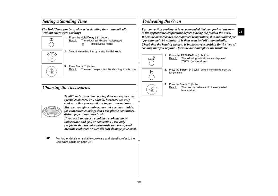 Samsung FC139STF/ELE manual Setting a Standing Time Preheating the Oven, Choosing the Accessories 