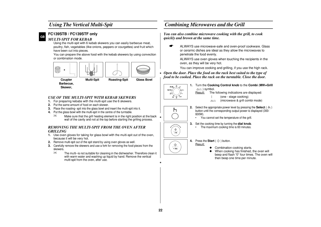 Samsung FC139STF/ELE manual Using The Vertical Multi-Spit, Combining Microwaves and the Grill, MULTI-SPIT for Kebab 