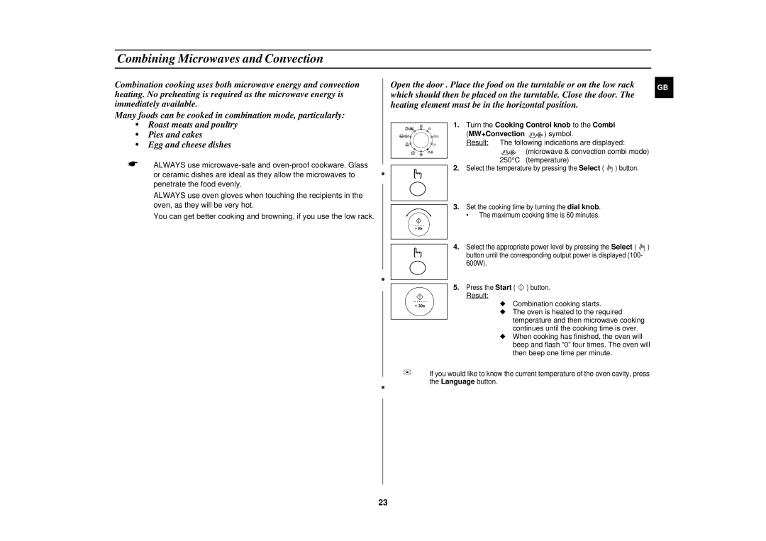 Samsung FC139STF/ELE manual Combining Microwaves and Convection, Turn the Cooking Control knob to the Combi 