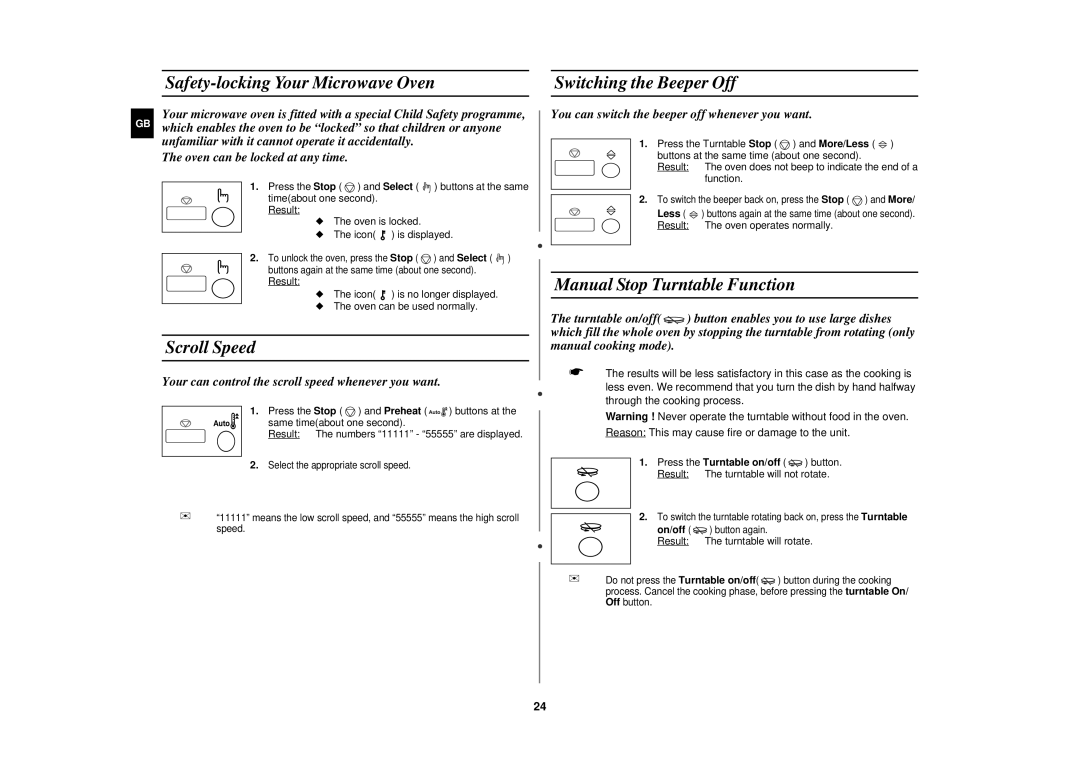 Samsung FC139STF/ELE manual Safety-locking Your Microwave Oven Switching the Beeper Off, Scroll Speed 