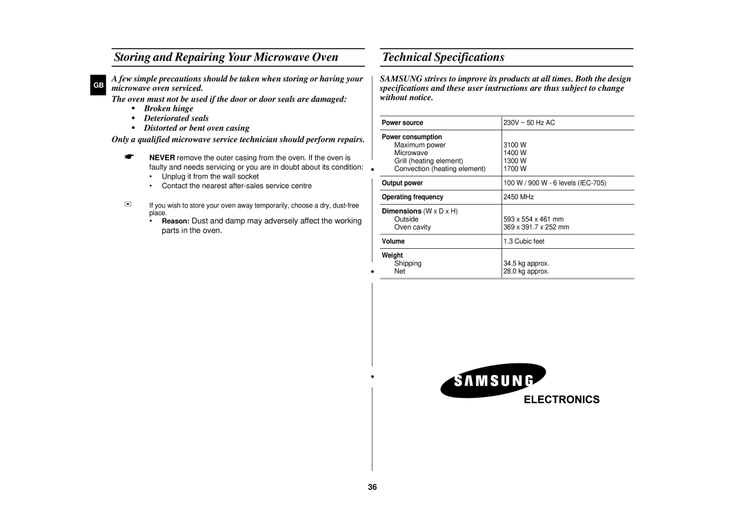 Samsung FC139STF/ELE manual Dimensions W x D x H 