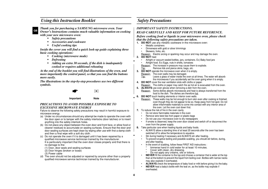 Samsung FC139STF/ELE manual Using this Instruction Booklet, Safety Precautions, ImportantNote, Do not heat 