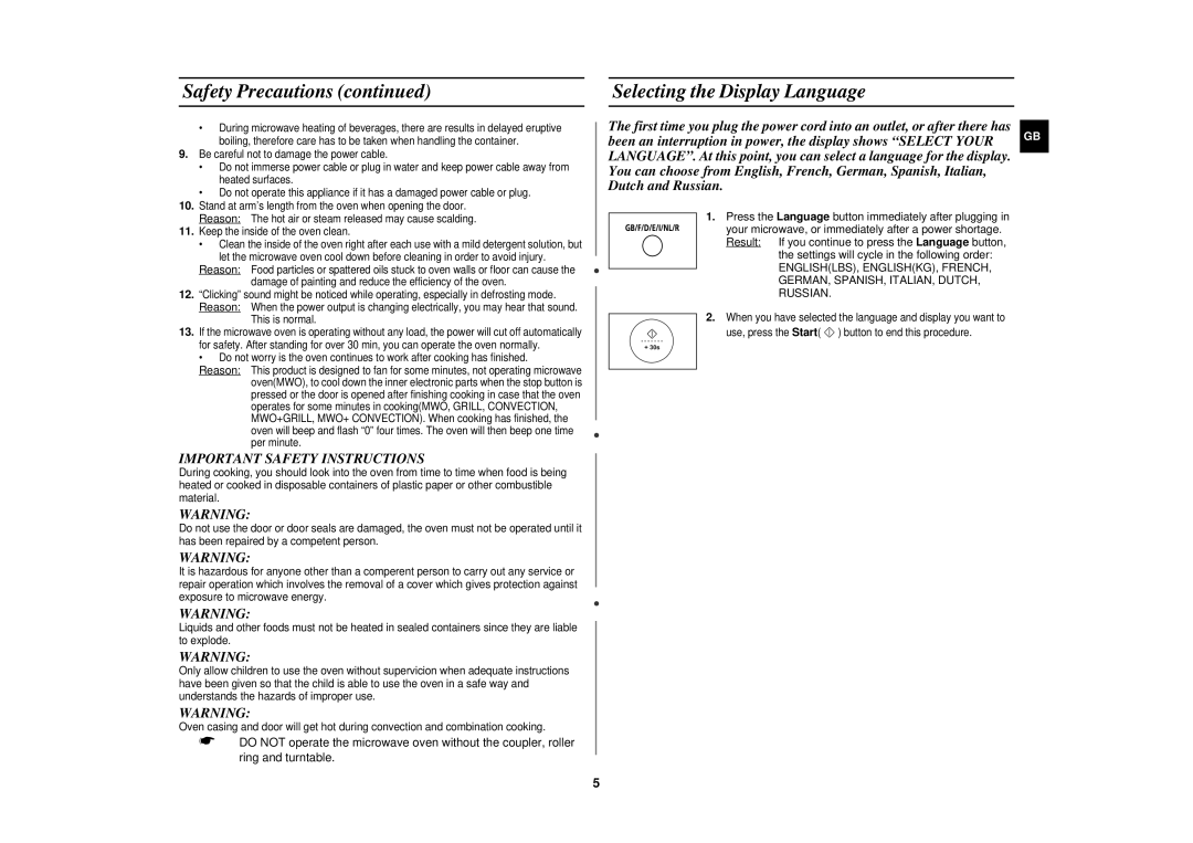 Samsung FC139STF/ELE manual Selecting the Display Language, Important Safety Instructions 