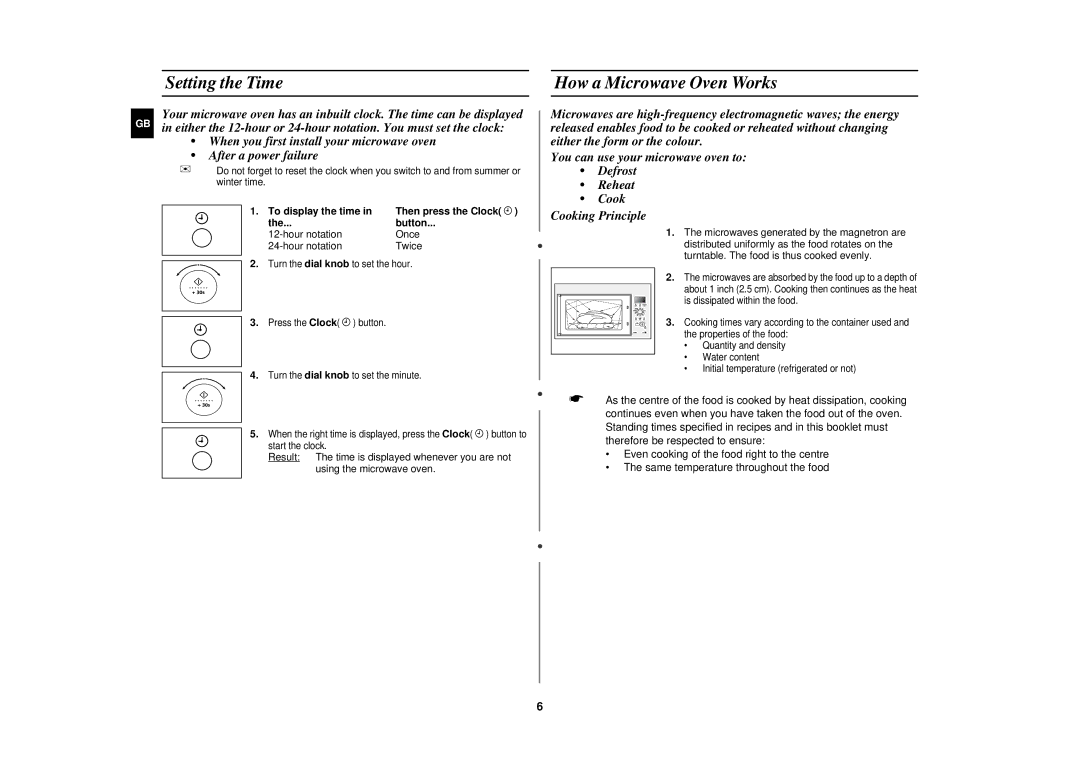 Samsung FC139STF/ELE Setting the Time, How a Microwave Oven Works, To display the time, Button, Hour notation Once Twice 