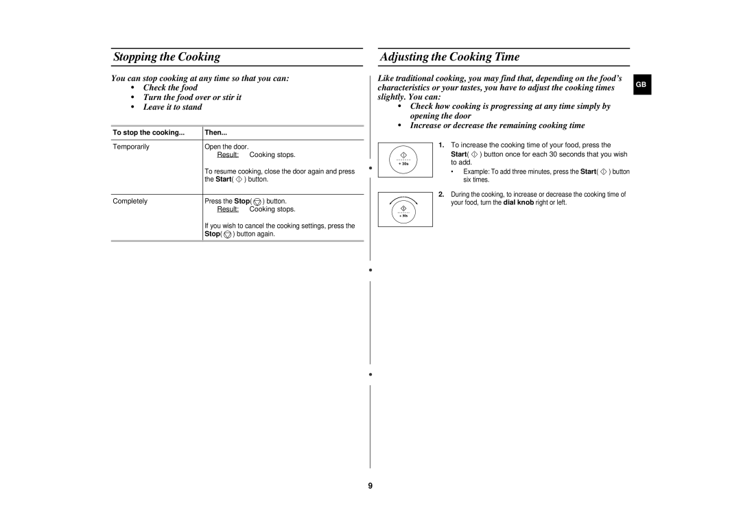 Samsung FC139STF/ELE manual Stopping the Cooking, Adjusting the Cooking Time, To stop the cooking Then 