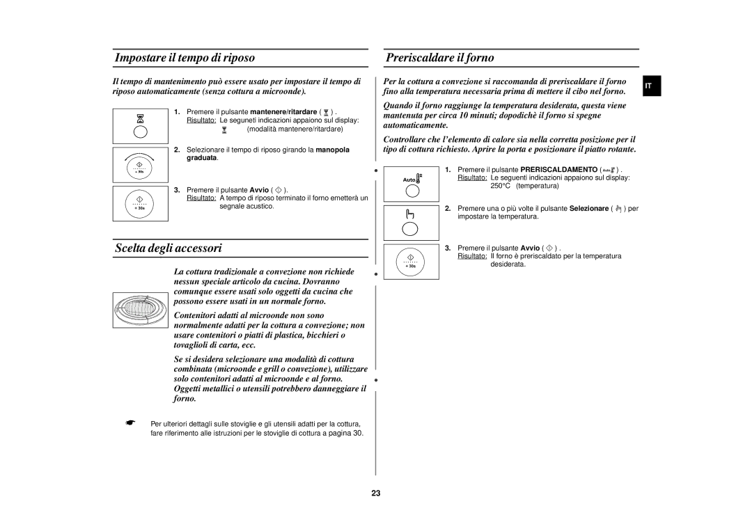 Samsung FC139STF/XET manual Impostare il tempo di riposo Preriscaldare il forno, Scelta degli accessori 