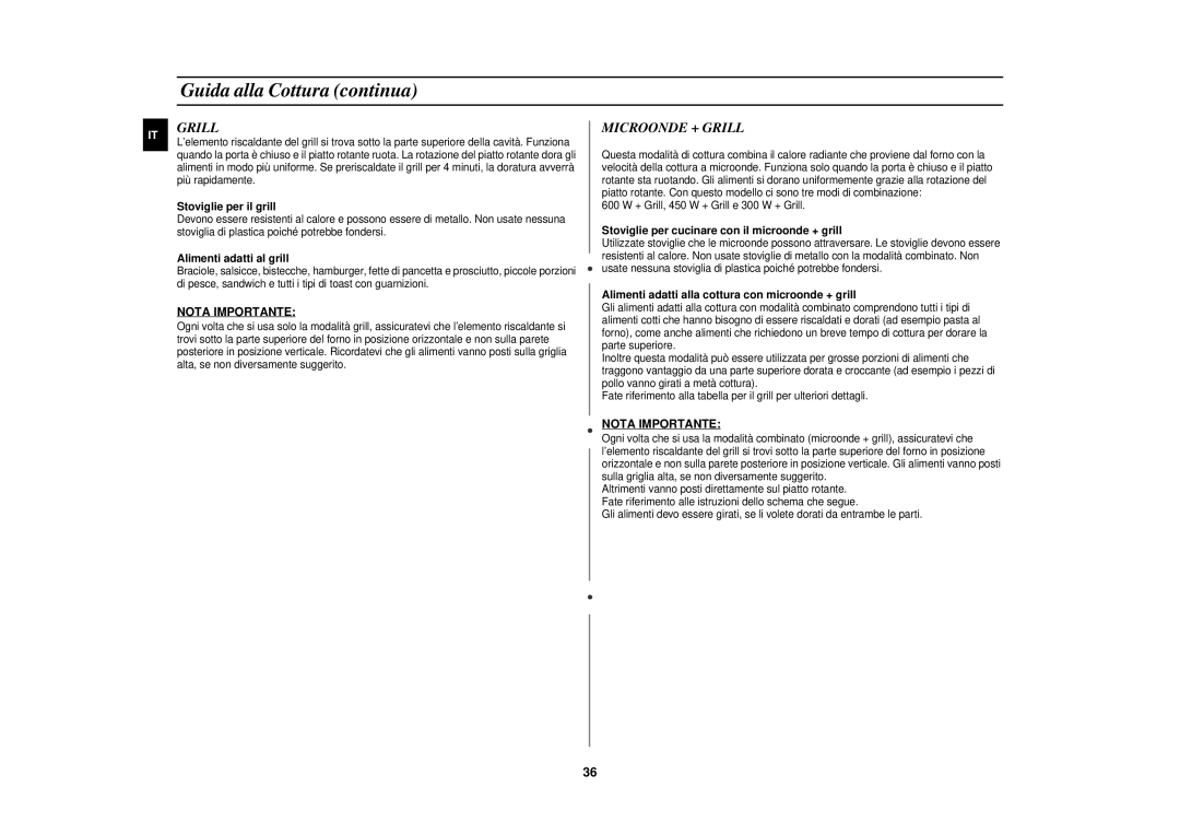 Samsung FC139STF/XET manual Microonde + Grill, Nota Importante 