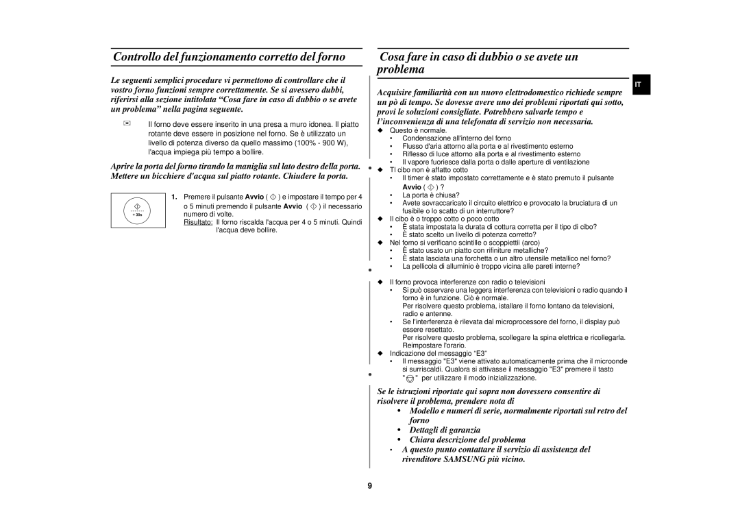 Samsung FC139STF/XET Controllo del funzionamento corretto del forno, Cosa fare in caso di dubbio o se avete un problema 