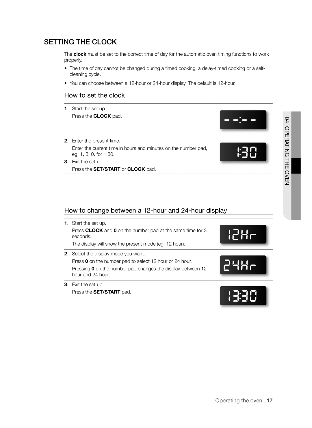 Samsung FCQ321HTUX user manual Setting The Clock, How to set the clock, How to change between a 12-hour and 24-hour display 