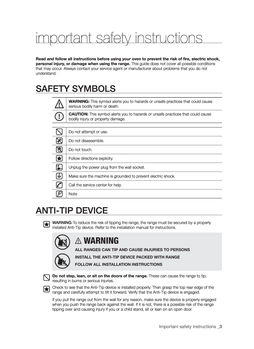 Samsung FCQ321HTUW important safety instructions, Safety Symbols, Anti-Tip Device, Important safety instructions  
