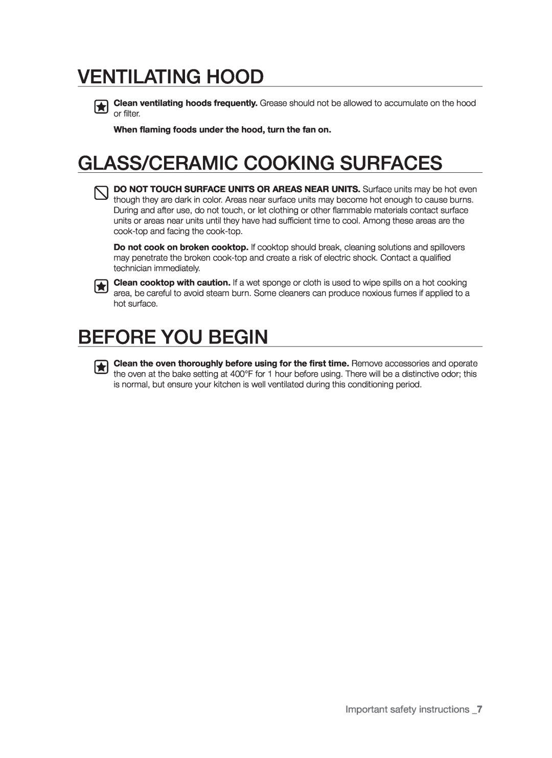 Samsung FCQ321HTUB Ventilating Hood, Glass/Ceramic Cooking Surfaces, before you begin, Important safety instructions  