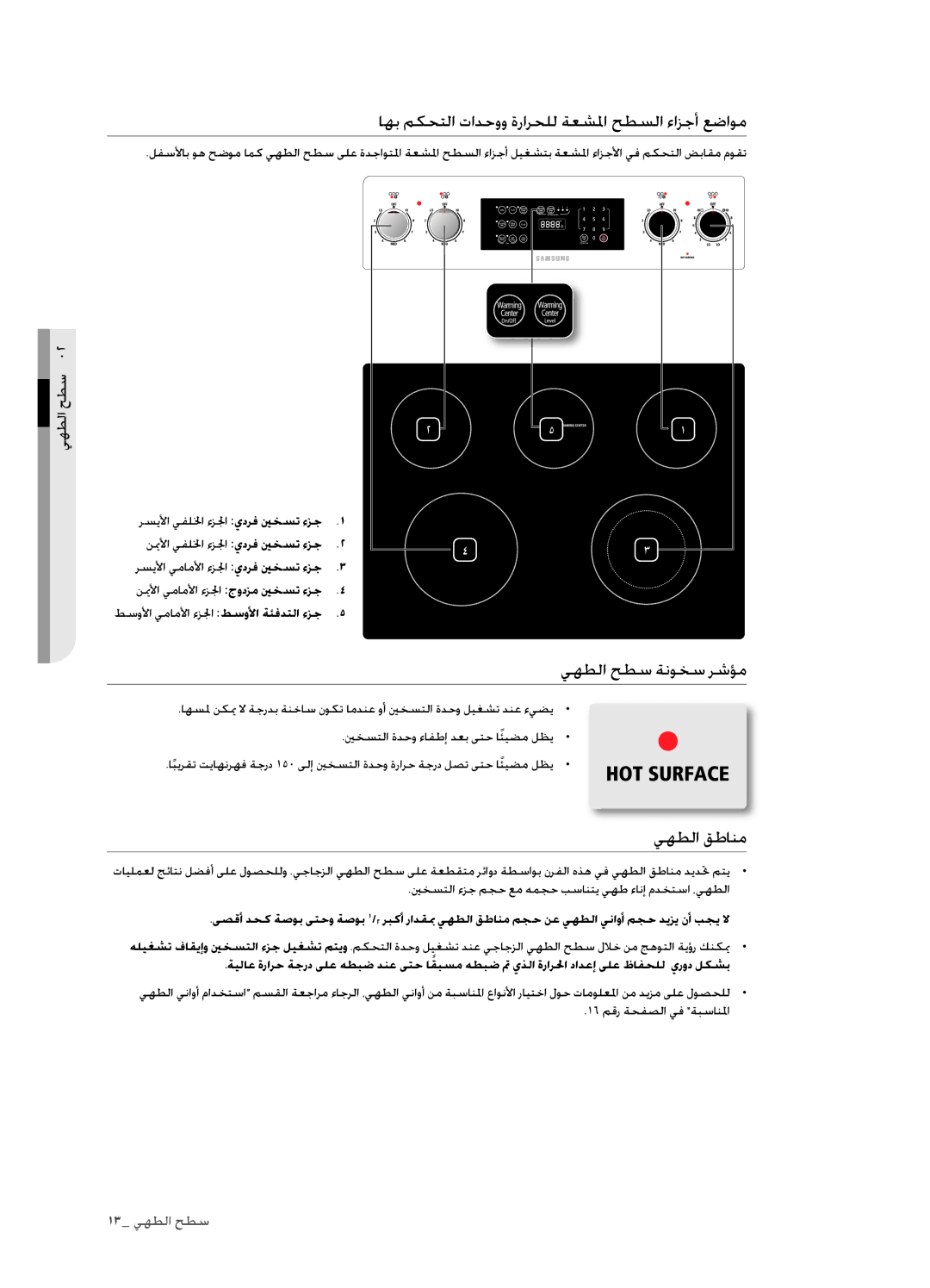 Samsung FCQ321HTUX/ZAM manual اهب مكحتلا تادحوو ةرارحلل ةعشلما حطسلا ءازجأ عضاوم, يهطلا حطس ةنوخس رشؤم, يهطلا قطانم 