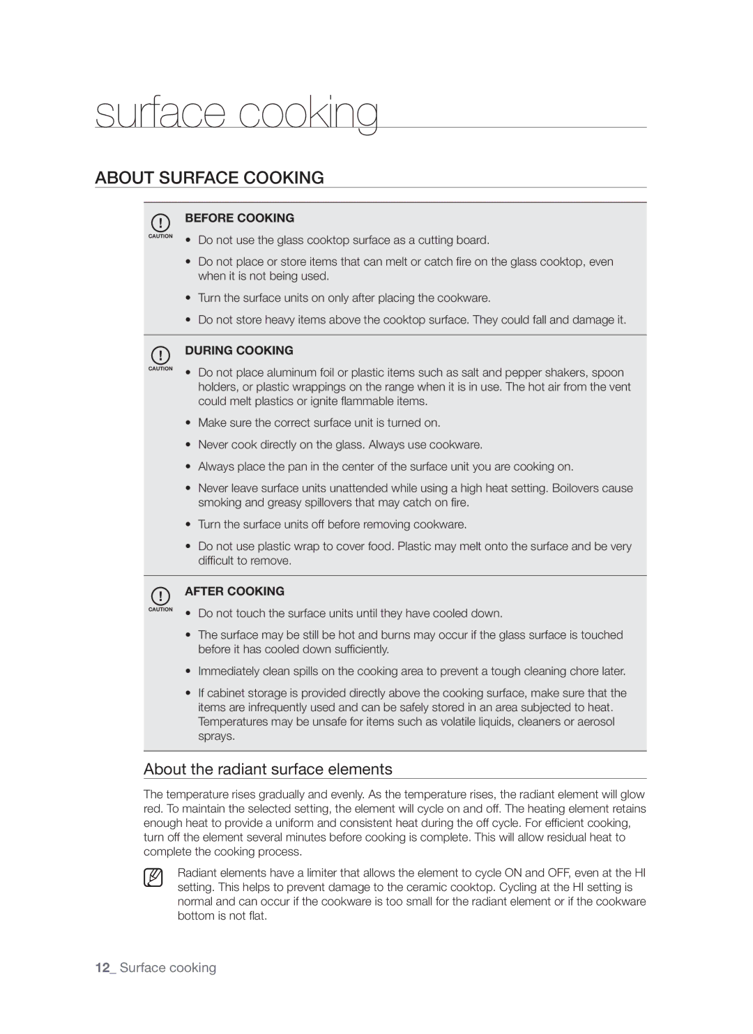 Samsung FCQ321HTUX/ZAM manual Surface cooking, About the radiant surface elements 