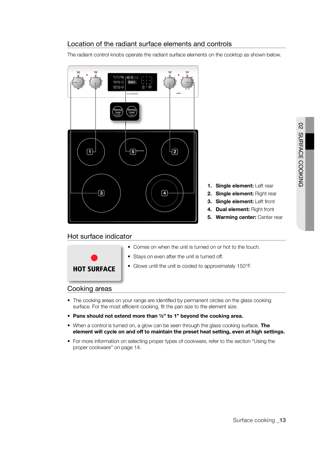 Samsung FCQ321HTUX/ZAM manual Location of the radiant surface elements and controls, Hot surface indicator, Cooking areas 