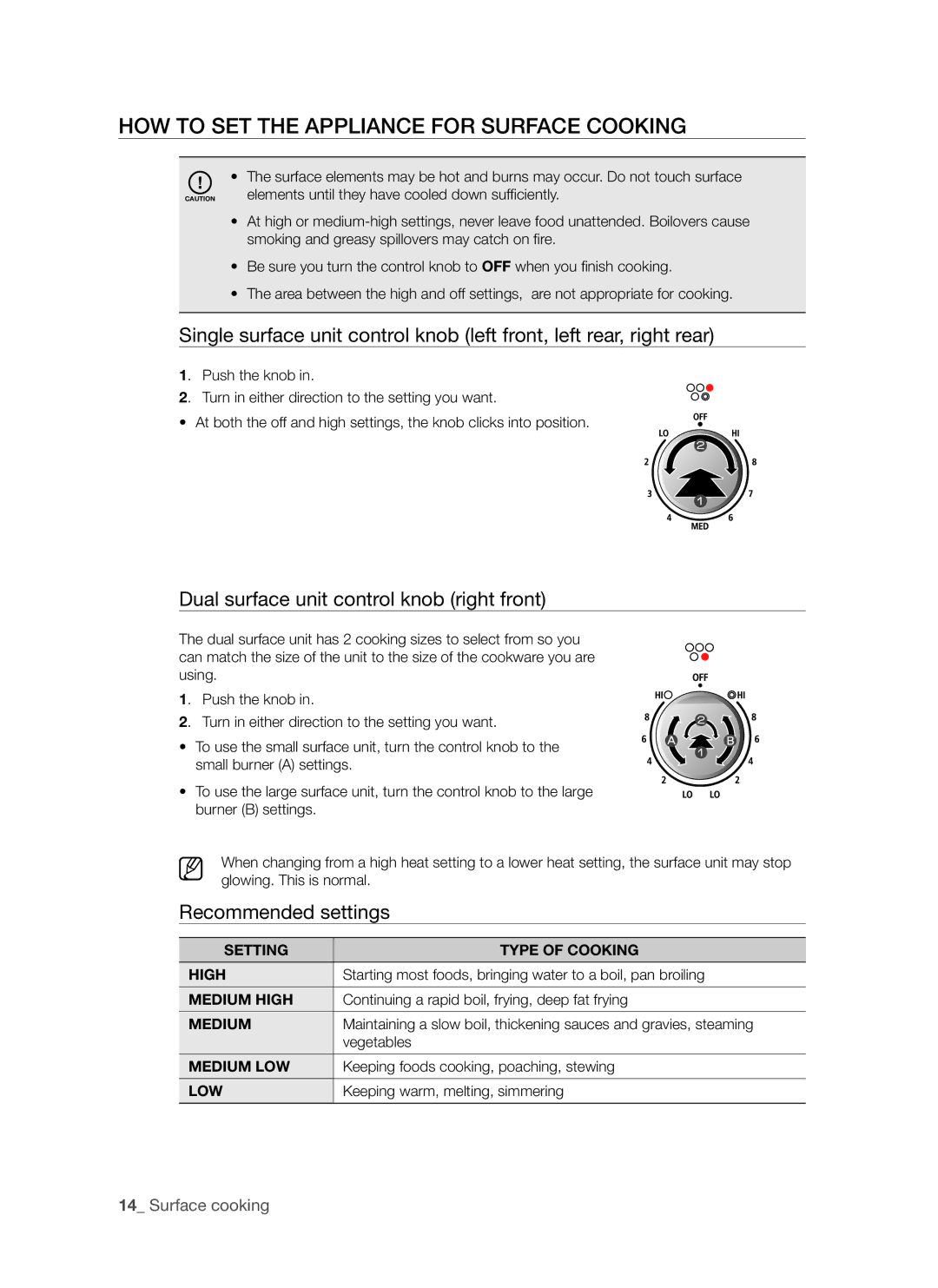 Samsung FCQ321HTUX/ZAM manual Dual surface unit control knob right front, Recommended settings 