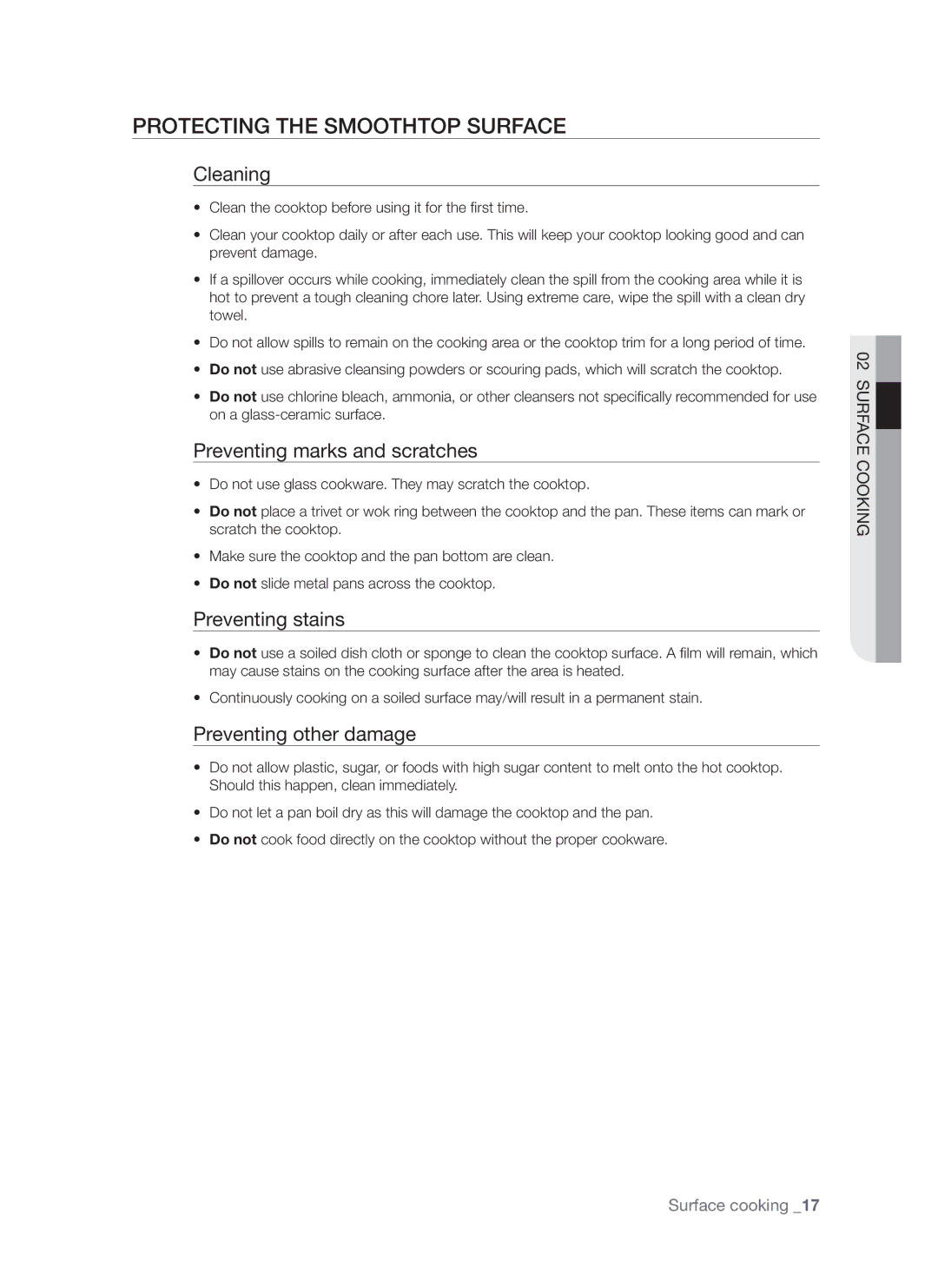 Samsung FCQ321HTUX/ZAM manual Cleaning, Preventing marks and scratches, Preventing stains, Preventing other damage 