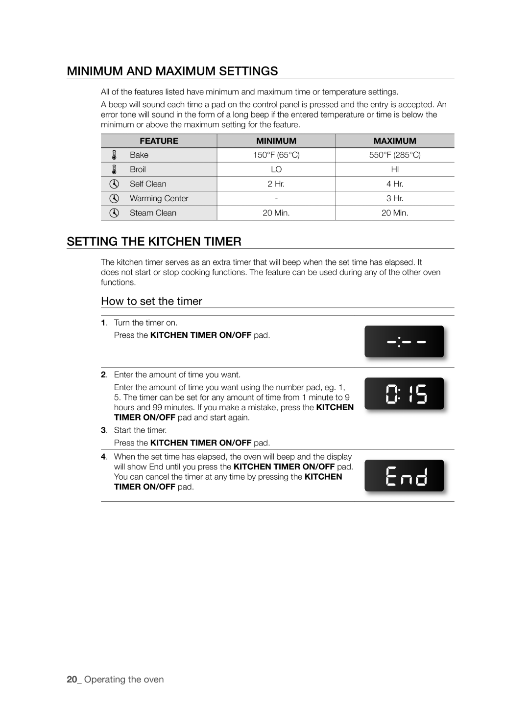 Samsung FCQ321HTUX/ZAM manual Minimum and Maximum Settings, Setting the Kitchen Timer, How to set the timer 