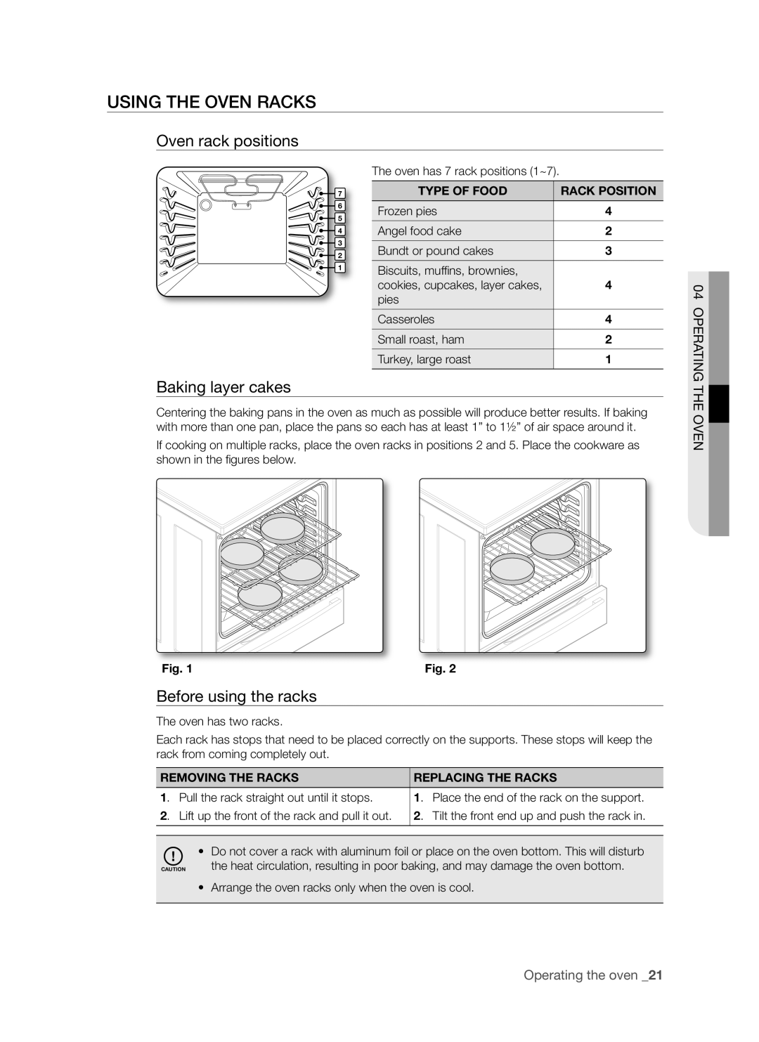 Samsung FCQ321HTUX/ZAM manual Using the Oven Racks, Oven rack positions, Baking layer cakes, Before using the racks 