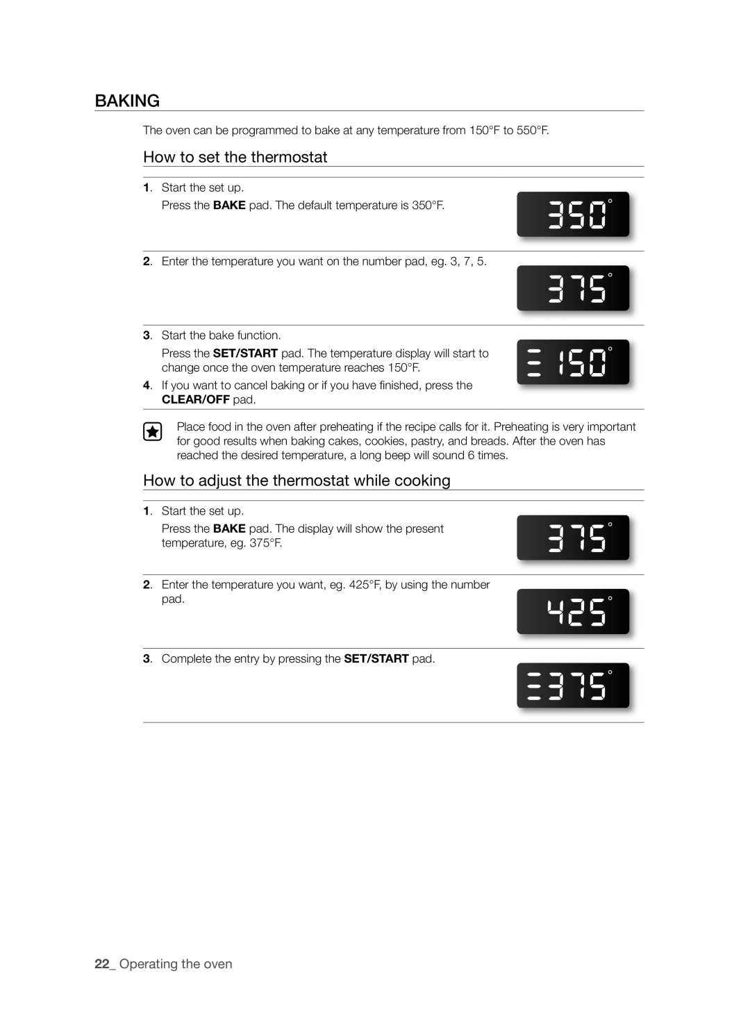 Samsung FCQ321HTUX/ZAM manual Baking, How to set the thermostat, How to adjust the thermostat while cooking 