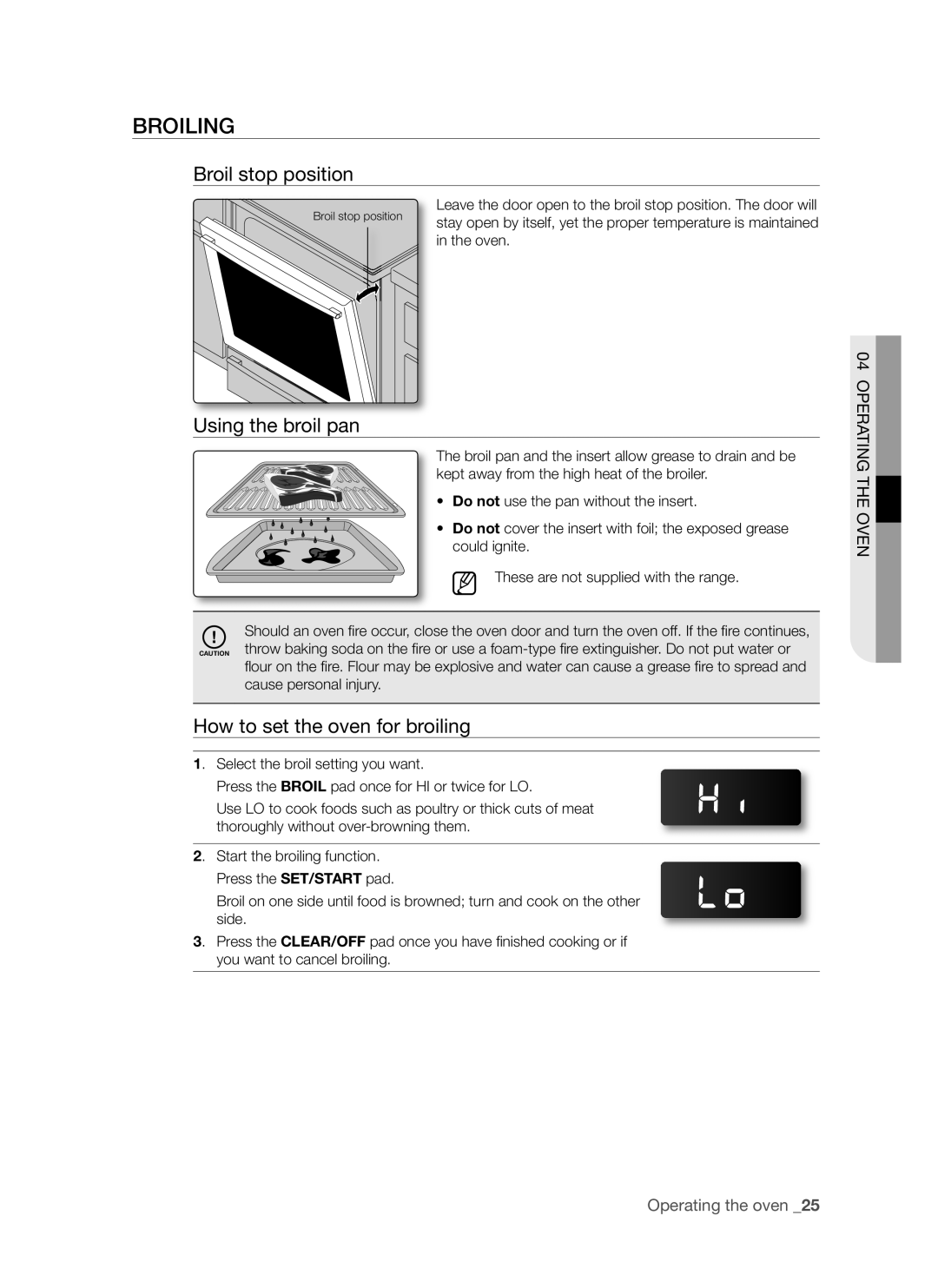 Samsung FCQ321HTUX/ZAM manual Broiling, Broil stop position, Using the broil pan, How to set the oven for broiling 