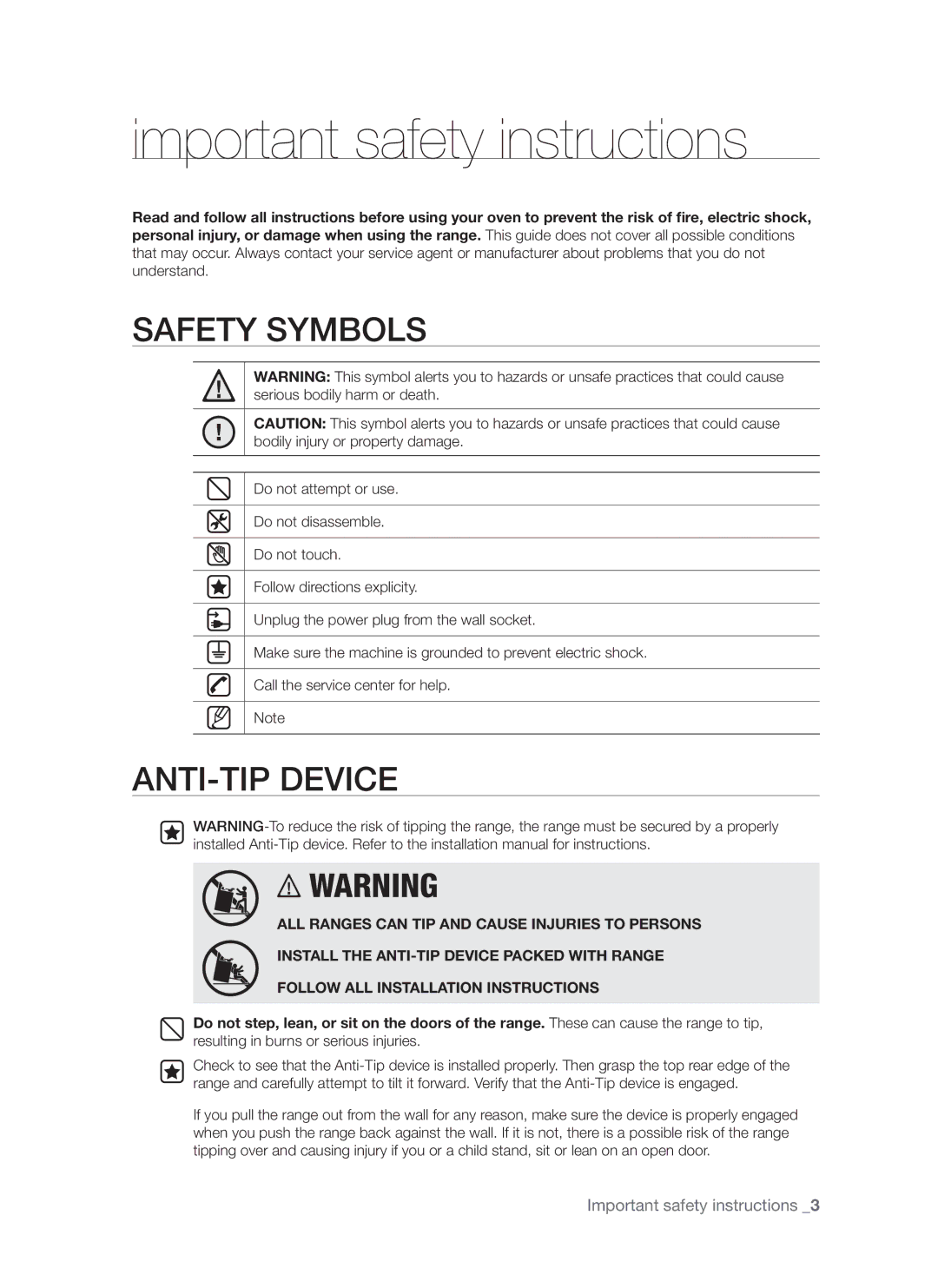 Samsung FCQ321HTUX/ZAM manual Important safety instructions, Safety Symbols, ANTI-TIP Device 