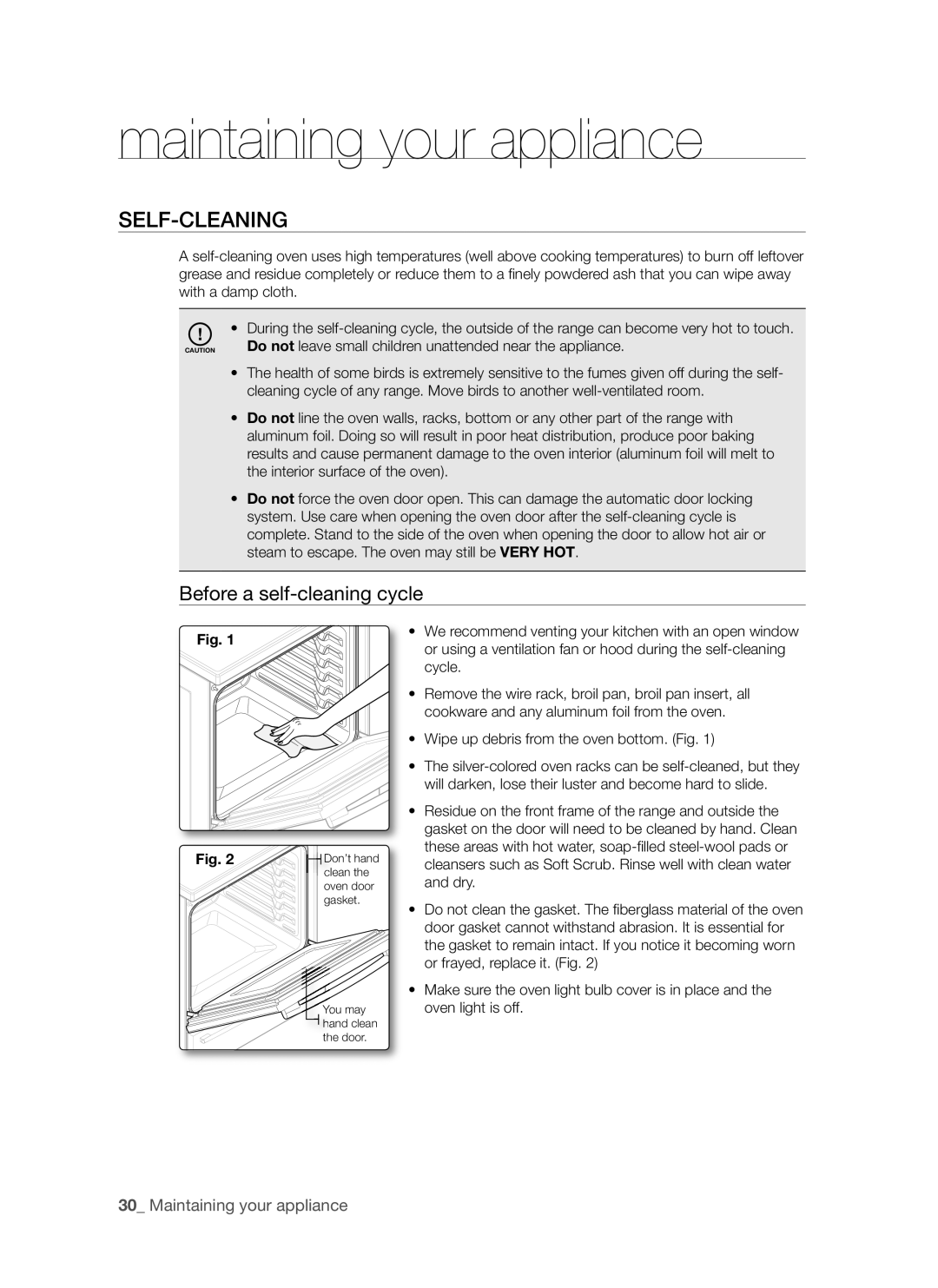 Samsung FCQ321HTUX/ZAM manual Maintaining your appliance, Self-Cleaning, Before a self-cleaning cycle 