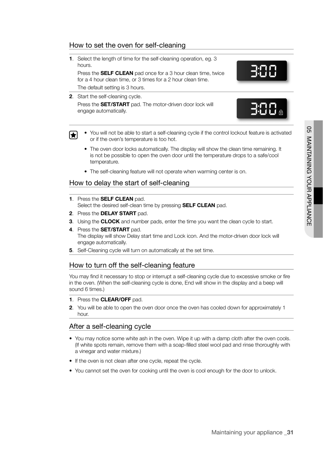 Samsung FCQ321HTUX/ZAM manual How to set the oven for self-cleaning, How to delay the start of self-cleaning 