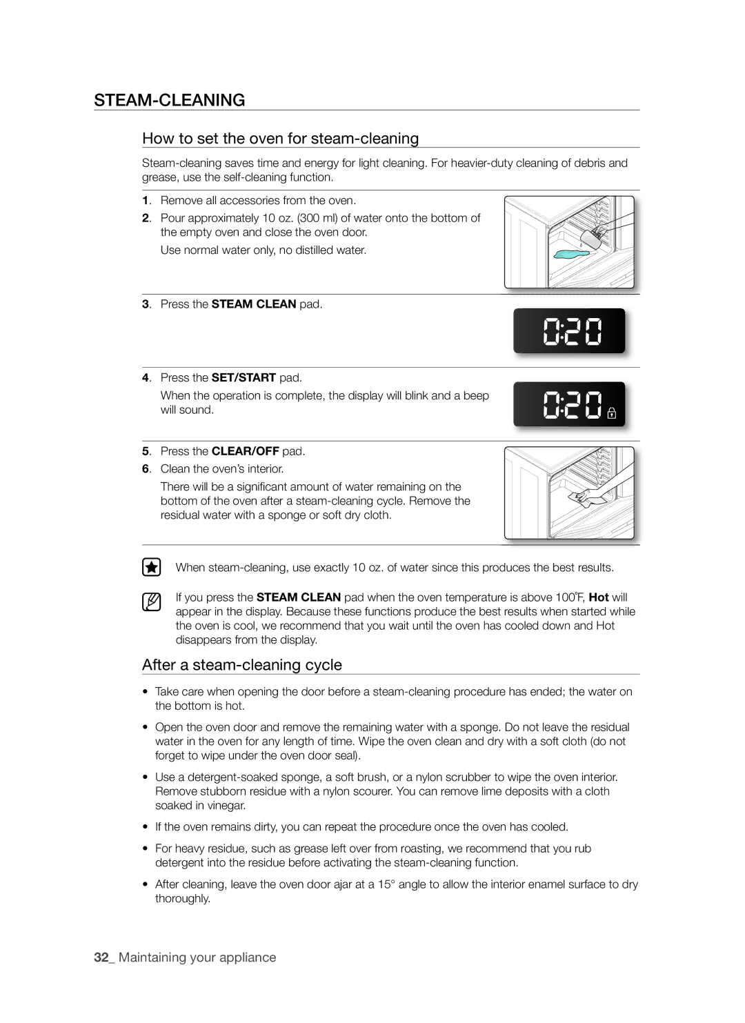 Samsung FCQ321HTUX/ZAM manual Steam-Cleaning, How to set the oven for steam-cleaning, After a steam-cleaning cycle 