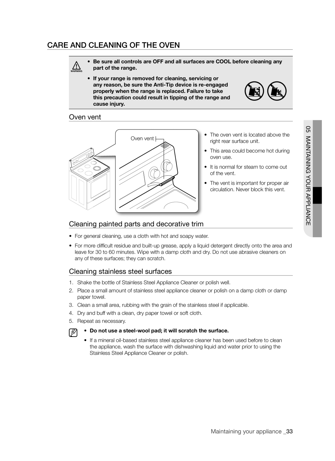 Samsung FCQ321HTUX/ZAM manual Care and Cleaning of the Oven, Oven vent, Cleaning painted parts and decorative trim 