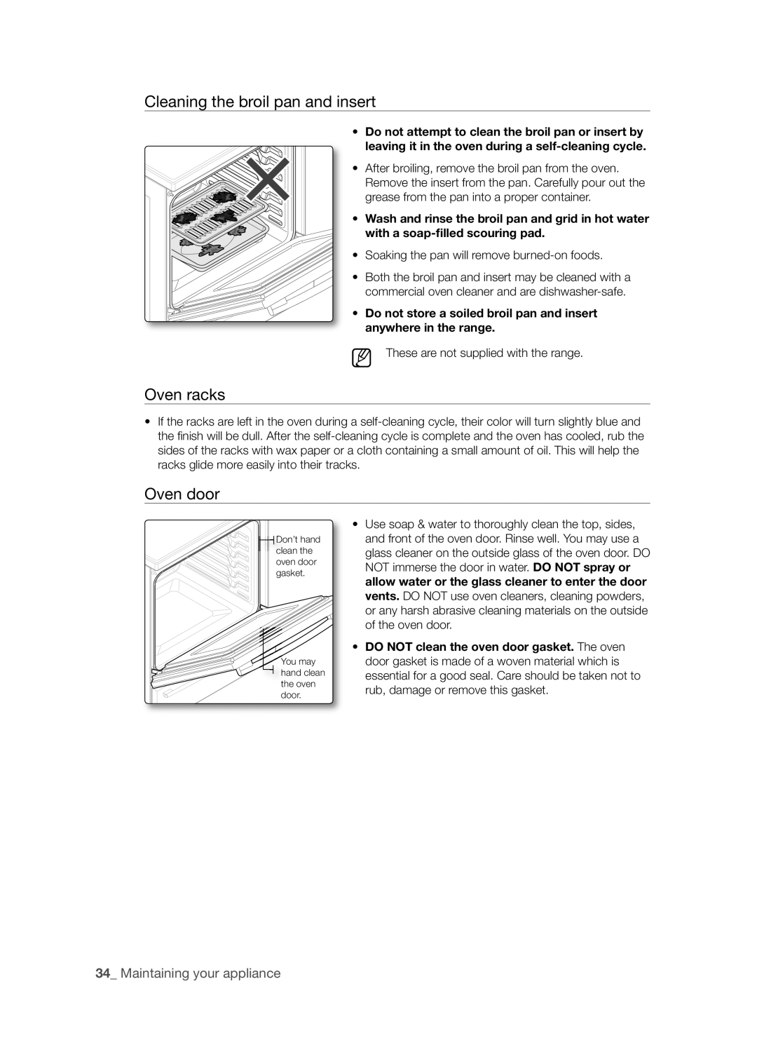 Samsung FCQ321HTUX/ZAM manual Cleaning the broil pan and insert, Oven racks, Oven door 