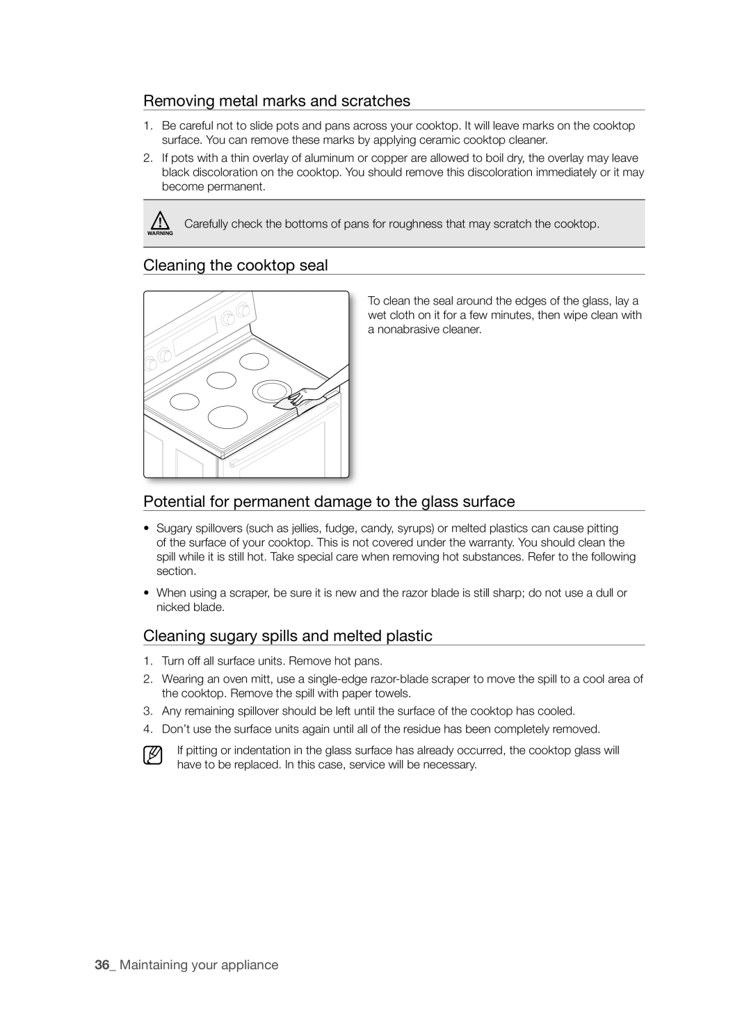 Samsung FCQ321HTUX/ZAM manual Removing metal marks and scratches, Cleaning the cooktop seal 