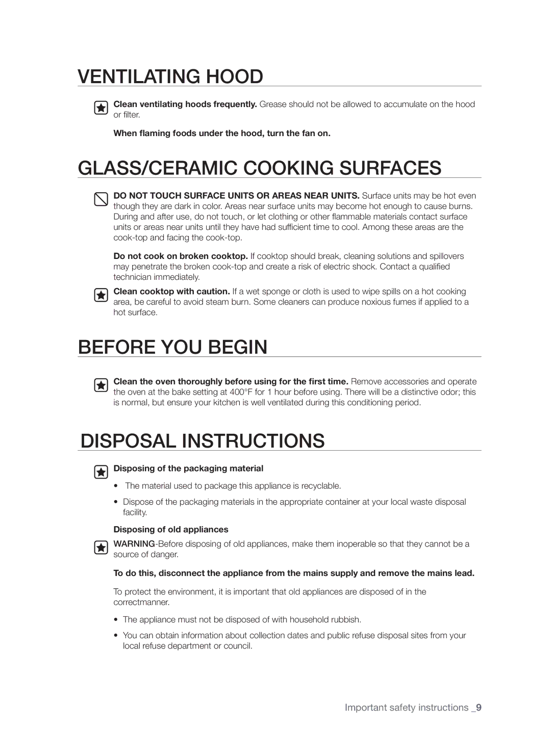 Samsung FCQ321HTUX/ZAM manual Ventilating Hood, GLASS/CERAMIC Cooking Surfaces, Disposing of the packaging material 