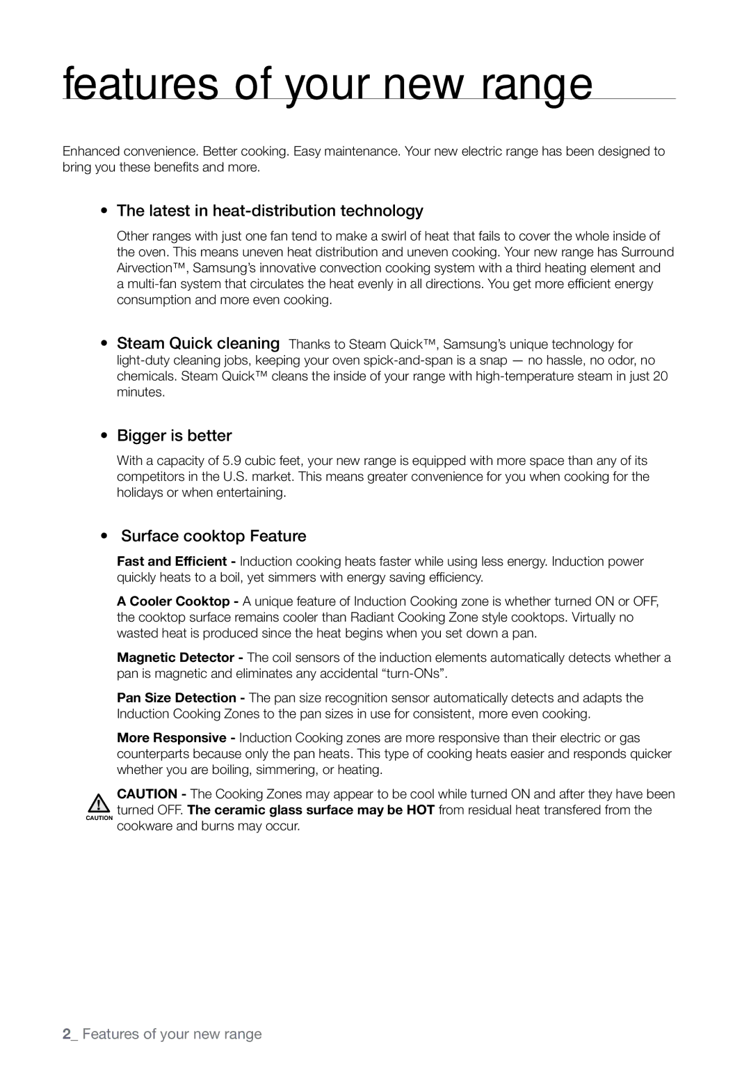 Samsung FE-N300** user manual Features of your new range, Latest in heat-distribution technology 