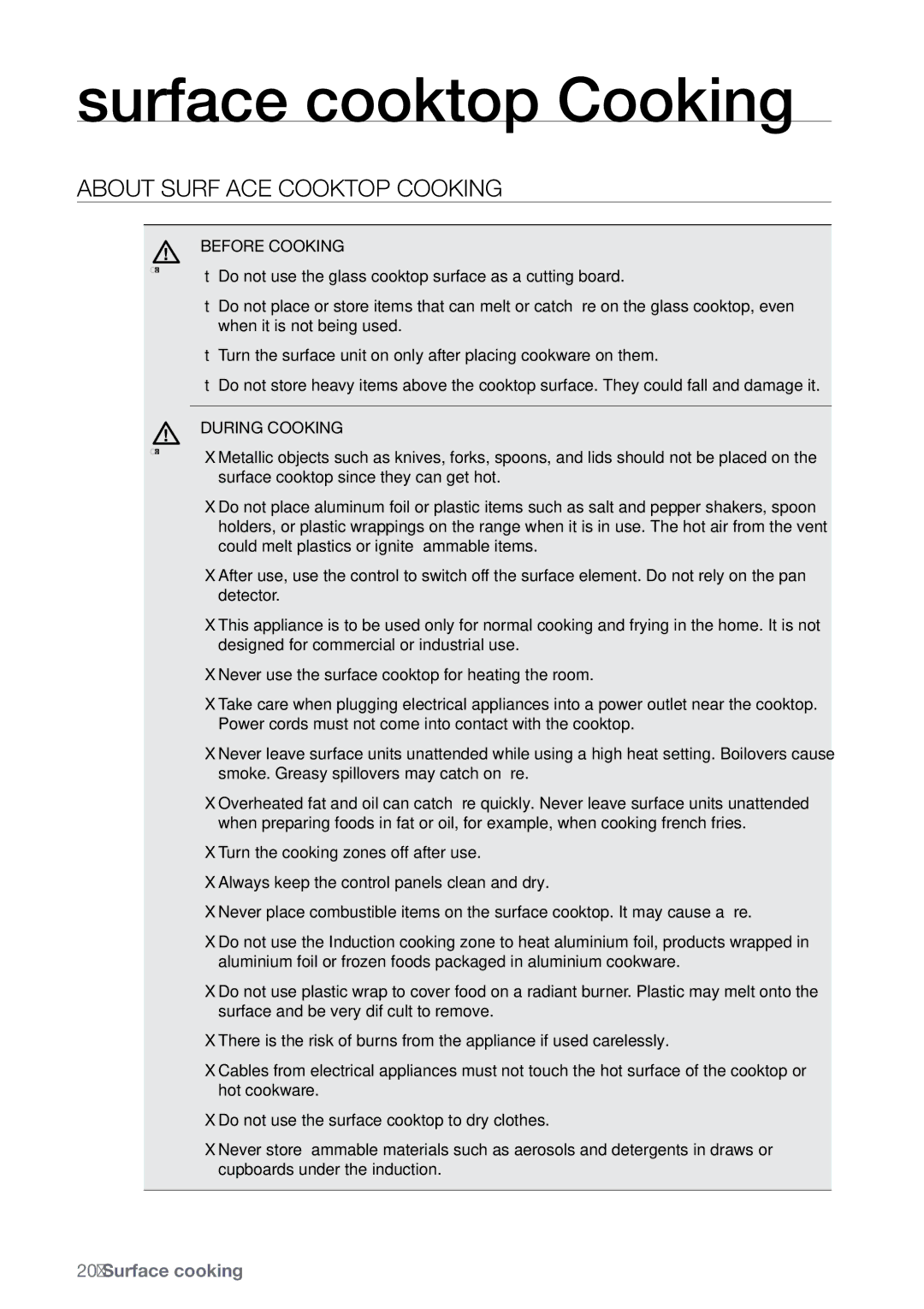 Samsung FE-N300** user manual Surface cooktop Cooking, About surface cooktop cooking, Before Cooking, During Cooking 