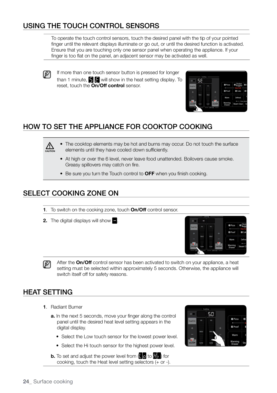 Samsung FE-N300** Using the touch control sensors, How to set the appliance for cooktop cooking, Select cooking zone on 